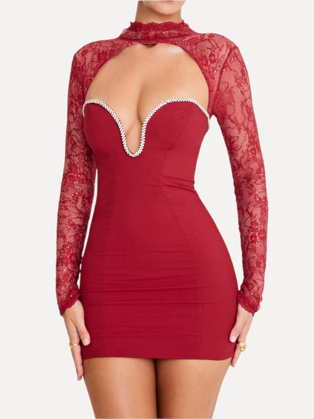 Mistress Rocks Rhinestone-Trim Red Lace Sleeve Bodycon Mini Dress
